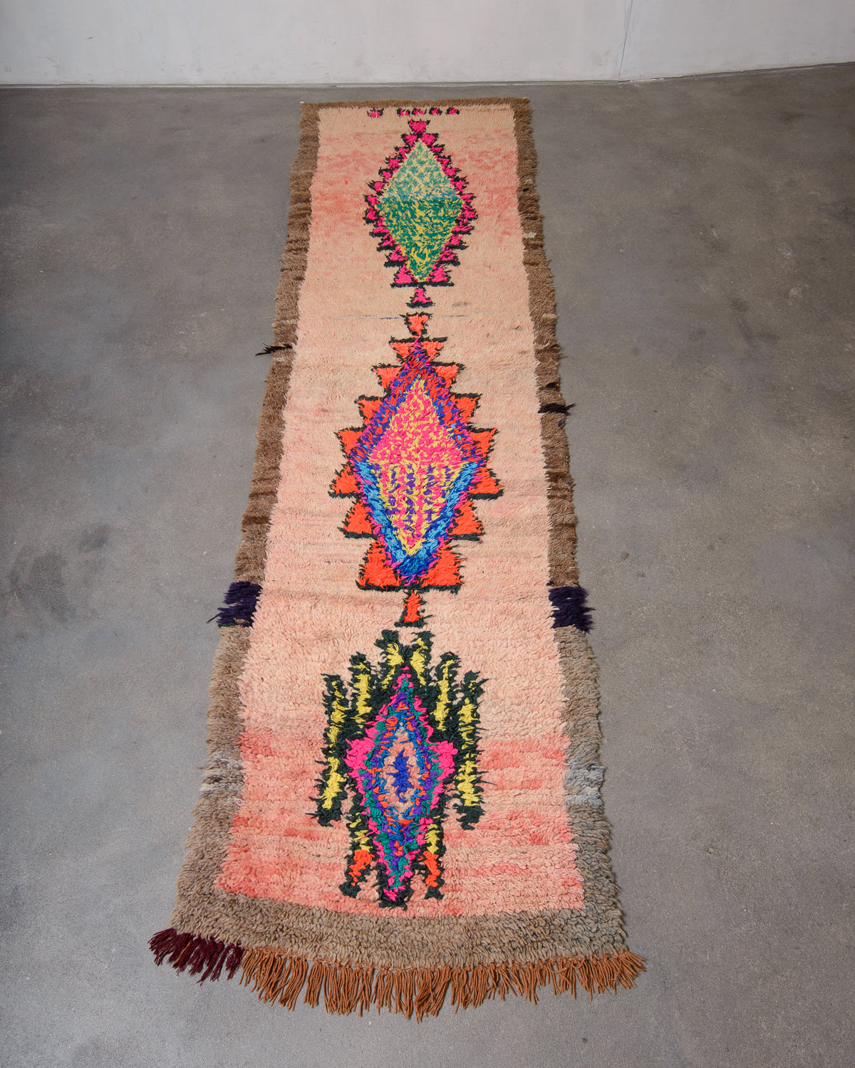 Modern, designer, handcrafted Berber runner rug from Morocco. Vintage carpet with beautiful colours and patterns and fluffy texture.